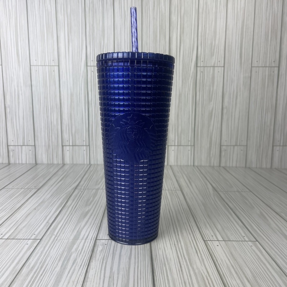 Starbucks 2022 Blue Grid Studded 24oz‎ Tumbler Cup w/ Lid and Straw